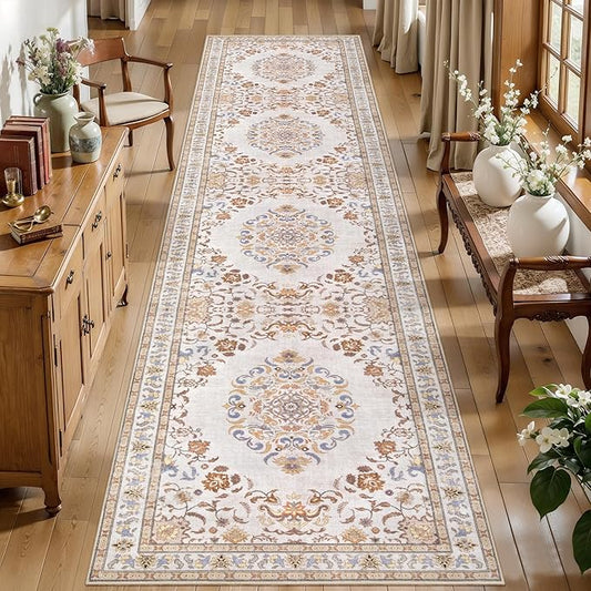 Tangsoo 2x12 Washable Runner Rug for Hallway Non Slip, Boho Vintage Beige Rug Carpet Long Runner Rugs for Entryway Kitchen,Indoor Floor Low Pile Runners for Laundry Bedroom Alfombra Farmhouse Bedside