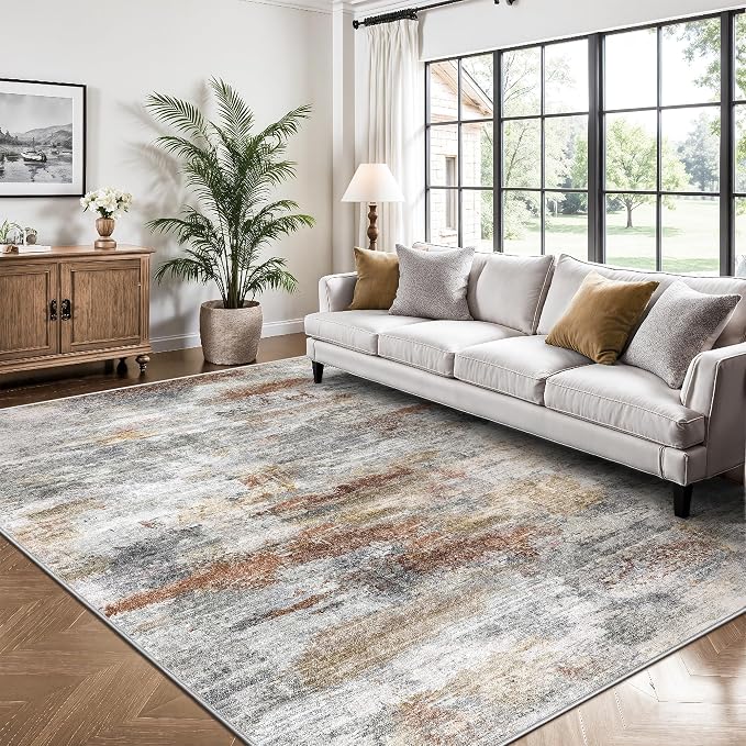 Washable Rug 6x9, Abstract Morden Soft Area Rug, Non-Slip Low Pile Rugs for Living Room, Bedroom, Dining Room, Home, Office(Grey & Brown)