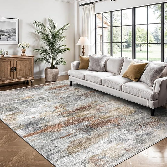 Washable Rug 6x9, Abstract Morden Soft Area Rug, Non-Slip Low Pile Rugs for Living Room, Bedroom, Dining Room, Home, Office(Grey & Brown)