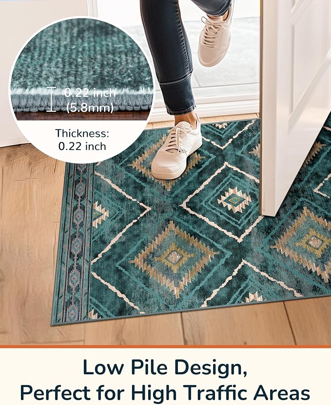 BESTSWEETIE Area Rug 3x5 Rug Machine Washable Non-Slip Low Pile Print Pattern Western Rug for Living Room Bedroom Entryway Tribal Series -Teal/Green