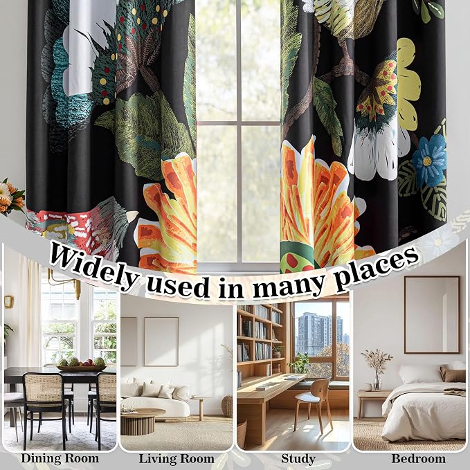 MYSKY HOME Black Boho Floral Blackout Curtains 95 inch Long for Living Room Dining Room Thermal Insulated Room Darkening Energy Saving with Patterned Bird Design Grommet Drapes, 2 Panels,52" Wide