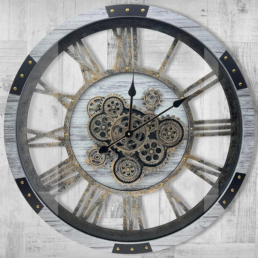 DORBOKER 24" Large Wall Clock with Moving Gears,Oversize Vintage Industrial Rustic Farmhouse Clocks for Living Room Decor Office Home,Solid Wood HD Tempered Glass Cover,Silver Grey