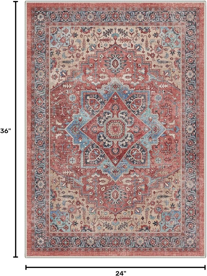 GENIMO Area Rug 2x3 Doormat, Machine Washable Low Pile Rugs, Floral Medallion Small Entryway Mat for Entrance, Hallway, Kitchen and Corridor, Dusty Red