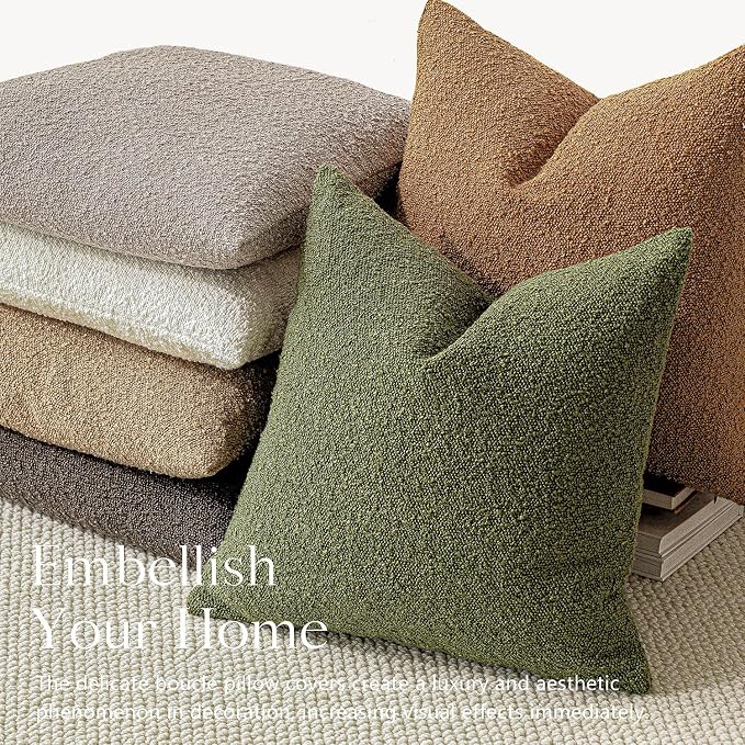 Foindtower Set of 2, Decorative Textured Boucle Throw Pillow Covers Accent Solid Pillow Cases Neutral Soft Cozy Couch Cushion Case for Chair Sofa Bedroom Living Room Home Decor 24 x 24 Inch Green