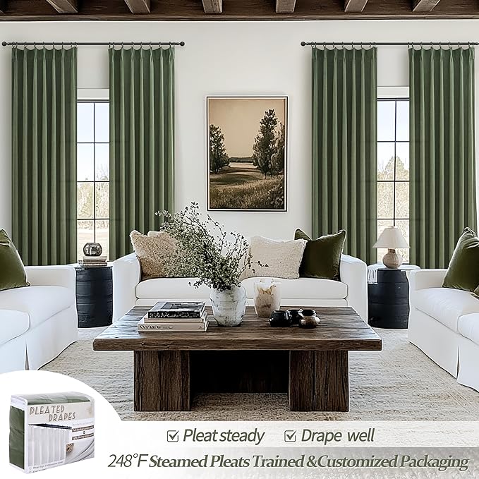 PleatedDrapes Loden Kitchen Window Curtains & Drapes 63 Inches Long 2 Panel Set, Pinch Pleat Natural Linen Sheer Dark Green Boho Light Filtering Curtain Back Tab for 40 x 63 Inch Length Small Windows