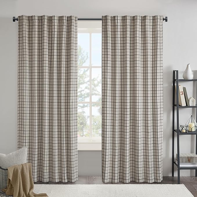 Madison Park Anaheim Cabin Plaid Curtain Window, Thermal Insulated Fleece Lining, Living Room Decor Room Darkening Drape for Bedroom, 1-Single Panel Pack, 50x95, Rod Pocket & Back Tab, Black