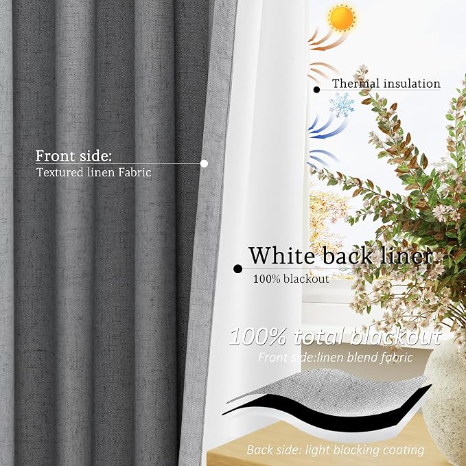 Jowels Dark Grey Linen Blackout Curtains 102 Length 2 Panels Set for Living Room Bedroom, 100% Black Out Thermal Insulated Linen Drapes, Room Darkening Grommet Curtains 102 Inches Long Dark Grey