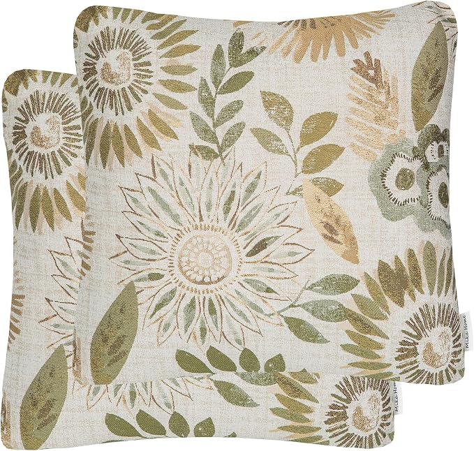 Mika Home Pack of 2 Throw Pillow Covers Decorative Pillow Cases for Sofa Couch Bed,Sunflower Pattern,22x22 Inches,Green Cream