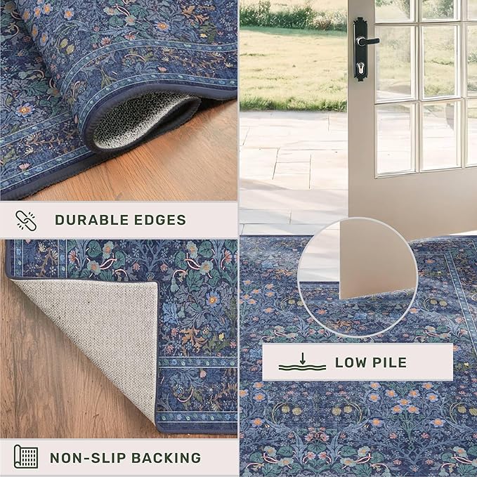 Dark Blue 3x10 Extra Long Wide Runner Rug for Hallway, Non Slip Washable, 10 ft Large Kitchen Indoor Floor Rugs for Entryway, Stain Resistant Vintage Floral Carpet