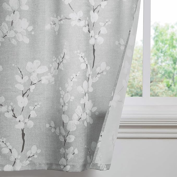 FMFUNCTEX Gray-White Kitchen Valance Curtain 15-inches Length Blossom Print Canvas Window Curtain Valance for Cafe Floral Botanical Pattern Window Top Curtain Rod Pocket 1 Pack