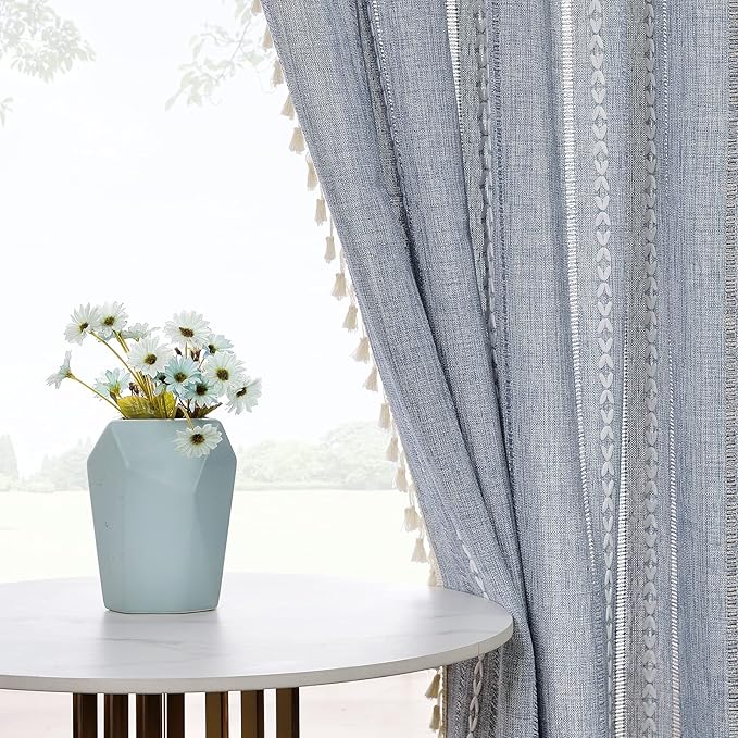RoomTalks Boho Curtains for Bedroom Living Room 72 Inch Length Blue Country Farmhouse Cotton Polyester Window Curtain Panels Embroidery Striped Bohemian Tassel Draperies (72’’L x 52’’W, Blue)
