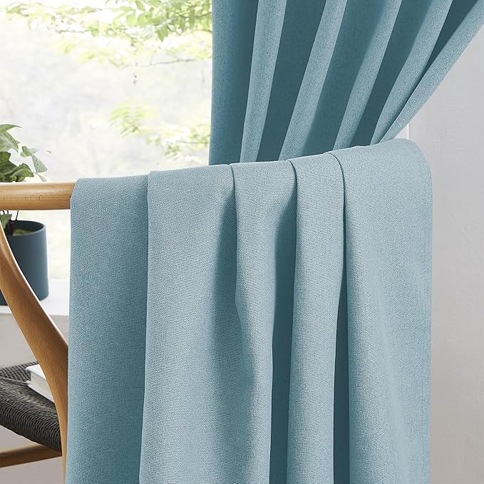 KEQIAOSUOCAI Extra Long 108 Inch Full Blackout Curtains for Large Window, Linen Textured Back Tab Hook Belt Pleated Tall Drapes for Living Room Dining 2 Panels Set, 50 Wide, 9 FT, Dusty Stone Blue