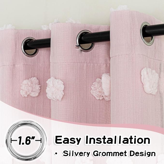 MYSKY HOME Pink Curtains for Living Room Pink Sheer Pom Pom Kids Room Decor Drapes 108 Inches Long Light Blocking Double Layer Curtain for Sliding Door Grommet Window Panels Set of 2 52" x 108"