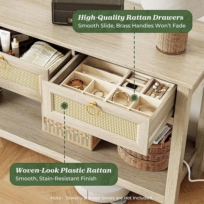 SUPERJARE Rattan Console Sofa Table with Outlets and USB-C Port, 3 Drawer Entryway Table with Synthetic Rattan Surface, Open Shelf, Behind Couch Entry Foyer Hallway Storage, Light Gray