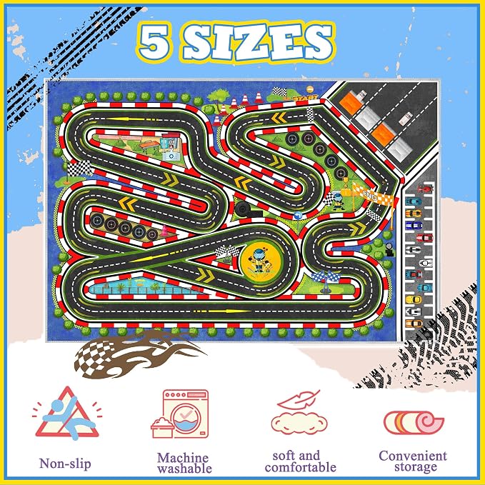 Kids Racing Rug 47''x71'' Car Road Kid Rug Carpet Playmat for Playoom Traffic Road Kid Play Mat for Bedroom，Kids Educational City Traffic Road map Fun Carpet (Blue)