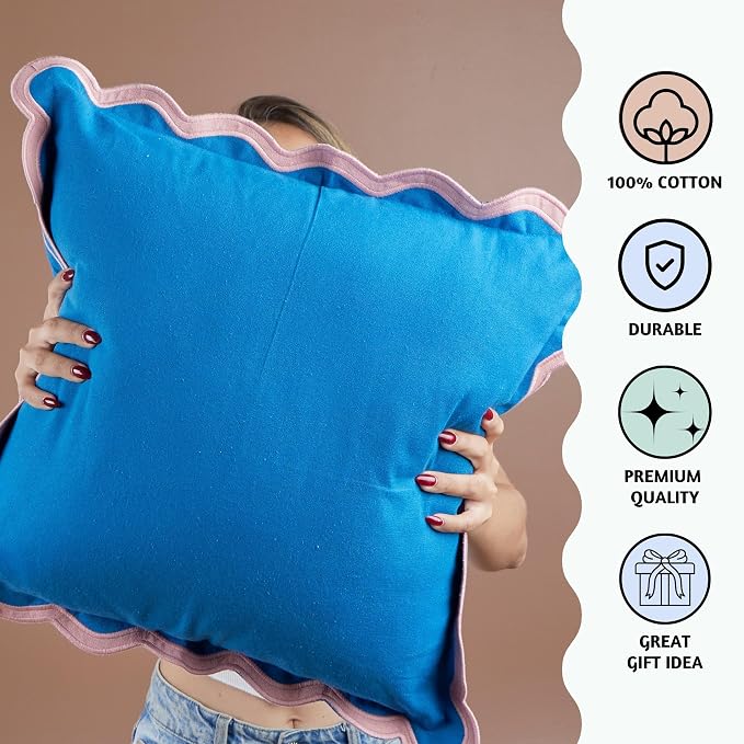 Folkulture Throw Pillow Covers 20x20 Set of 2 | Cotton, Cute Blue Pillow Covers for Couch | Aesthetic, Preppy Scalloped Decorative Pillows for Living Room Décor, Hannah Montana Party Decorations