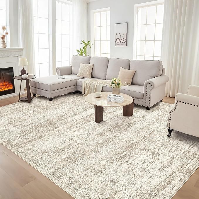 DMOYEST Area Rug Living Room Rugs - 9x12 Abstract Large Soft Indoor Washable Rug Neutral Modern Low Pile Carpet for Bedroom Dining Room Farmhouse Home Office - Vintage Beige