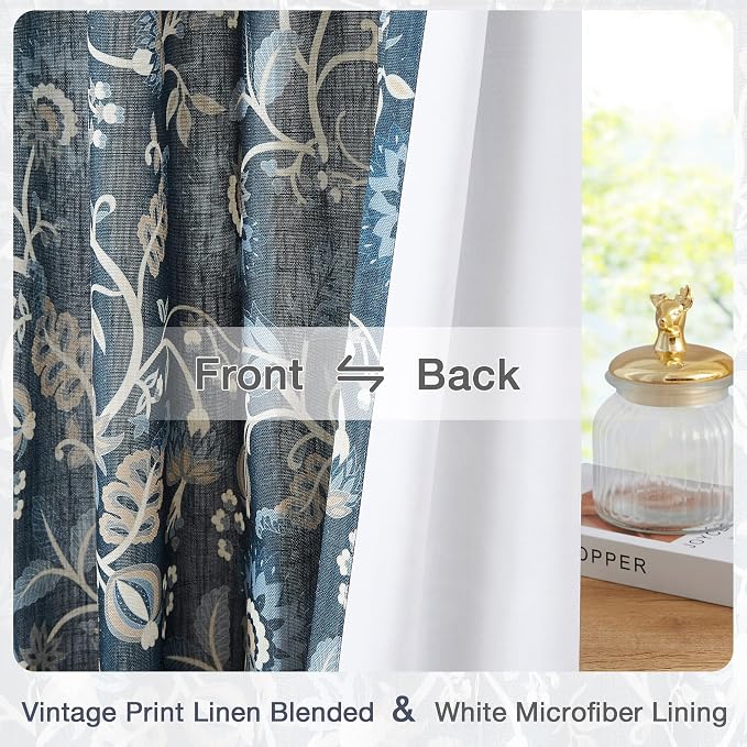 Vision Home Navy Blue Floral Pinch Pleat Light Filtering Curtains, Linen Pleated Lined Drapes Back Tab Hooks for Living Room Bedroom, Vine Botanical Jacobean Print Panels 40x90 Inch Set of 2