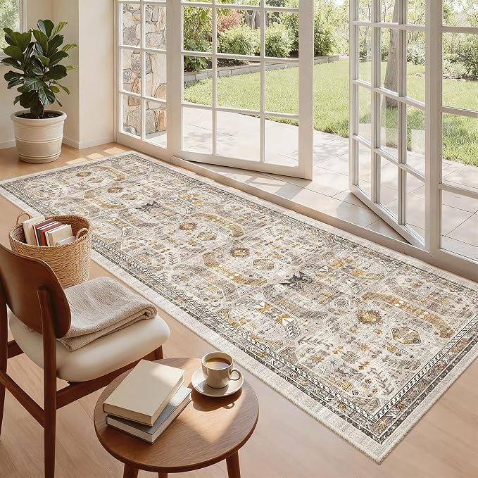 Madane Hallway Runner 3x8, Kitchen Rugs Washable Entry Rug, Brown/Gold | Vintage Non Slip Entryway Indoor Area Rugs, Soft Low-Pile Farmhouse Wide Carpet Runners for Bathroom Living Room Bedroom