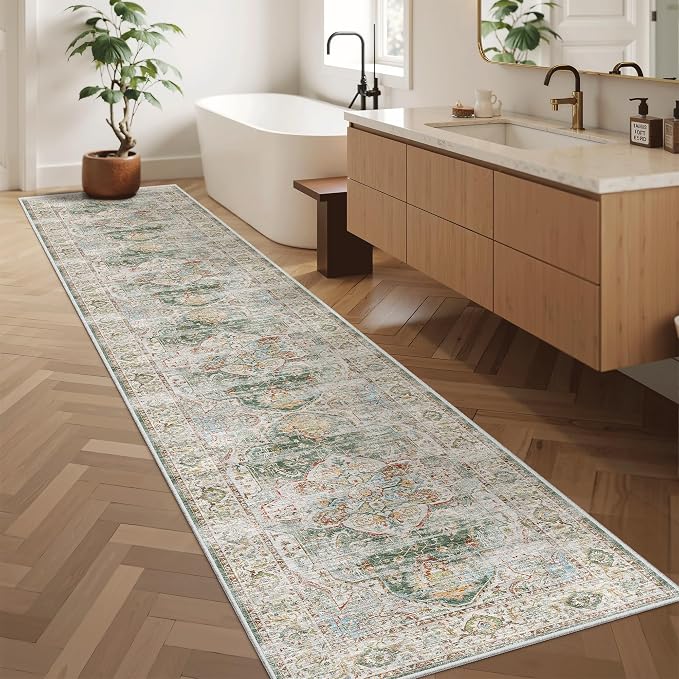 Madane Washable Runner Rugs 2x10 Long for Hallway Kitchen, Green | Non-Slip Low-Pile 10ft Rug Runners Soft, Stain-Resistant Floor Carpet Mat for Entrance, Living Dining Laundry Room, Stair