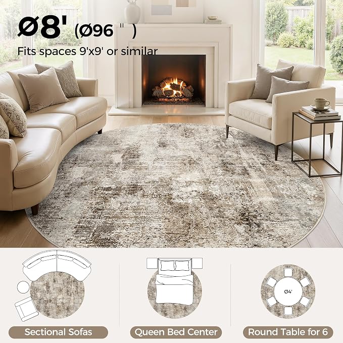 WITSHOCK Area Rugs 8ft Round Living Room Rug - Washable Neutral Soft Low Pile Non-Slip Modern Abstract Thin Large Indoor Carpet for Bedroom Dining Room Nursery Office - Dark Brown