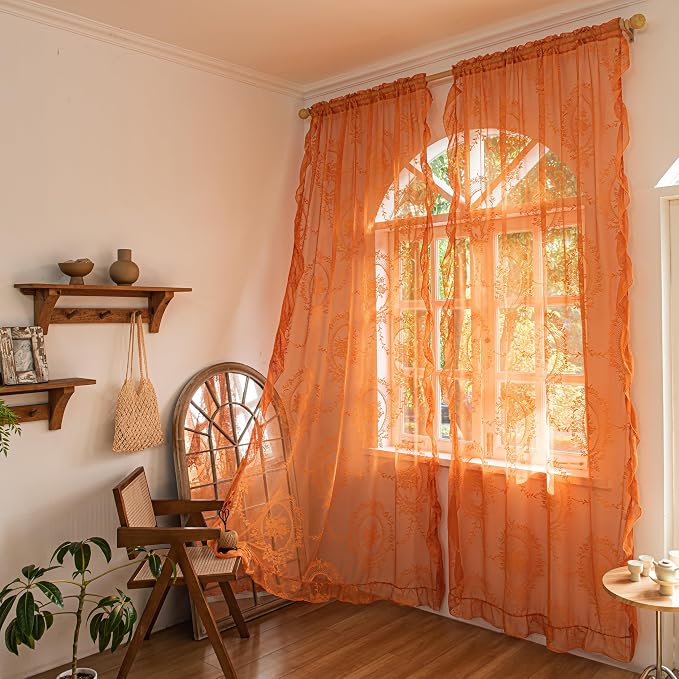 Sutuo Home Burnt Orange Lace Curtains 96 Inches Long for Bedroom Living Room 2 Panels, Boho Sheer Rose Floral Embroidery Ruffled Vintage Window Treatment Pair Halloween Decor, Rod Pocket, W57 x L96