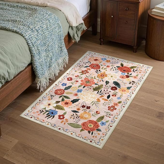 2x3 Washable Area Rug for Entryway Vintage Boho Floral Rug Non-Slip Low Pile Soft Faux Wool Small Carpet Kids and Pets Friendly for Bathroom Bedroom Kitchen Hallway Bedside Home Decor Rug Beige Pink