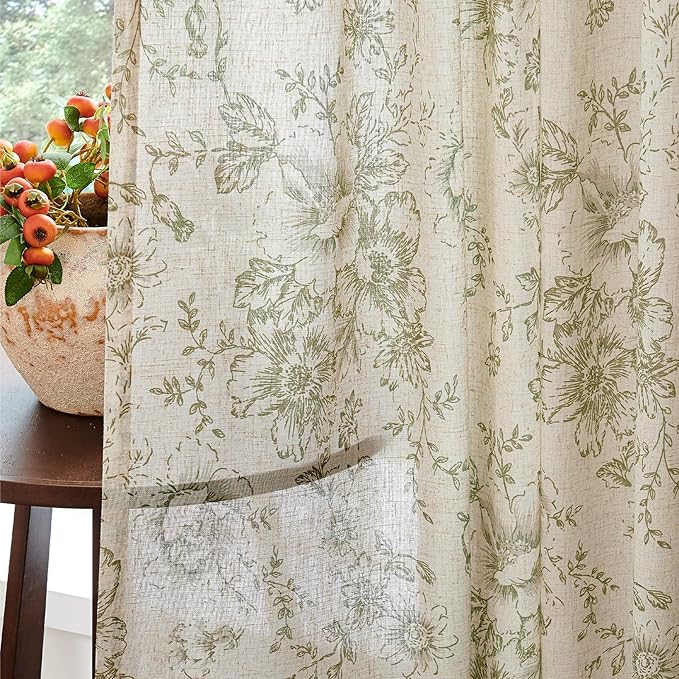 jinchan Linen Blend Floral Curtains for Living Room 63 Inch Length Farmhouse Printed Curtain Rod Pocket Back Tab Sage Green Peony Flower Patterned Drapes Bedroom Curtains Set 2 Panels