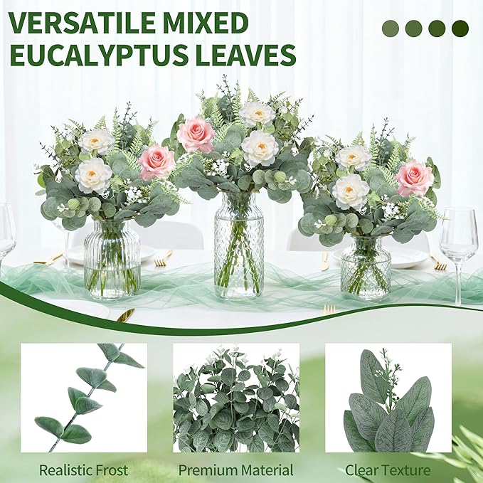 150 Pcs 7 Kinds Mixed Artificial Eucalyptus Leaves Stems Bulk, Fake Greenery Plants Faux Silver Dollar Eucalyptus Leaves for Wedding Vase Bouquet Floral Arrangement Centerpiece Home Decor