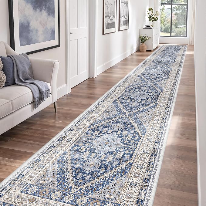 zesthome 3x16 Washable Runner Rug for Hallway, Non-Slip Long Hallway Runner for Entryway, Soft Vintage Kitchen Mats for Floor, Abstract Dining Room, Bedroom, Living Room Rugs(Blue/Beige,3'x16')