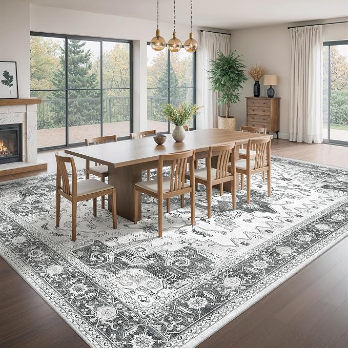 Living Room 10x14 Area Rugs, Washable Area Rug Stain Resistant Carpet Vintage Soft Rugs for Bedroom with Non Slip Backing Indoor Home Decor (10'x 14',Grey)