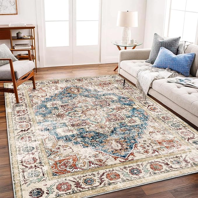CHAMPLANT Washable Area Rug 5'x7' for Living Room Retro Beige Blue Boho Chic Medallion Distressed Design Indoor Non-Slip Large Persian Oriental Accent Throw Rug for Kitchen Bedroom Office Carpet