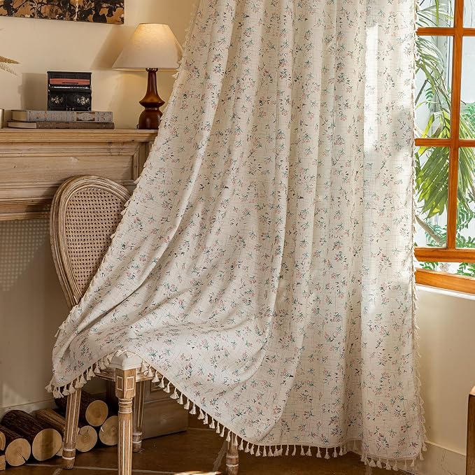 OYX Boho Floral Curtains 63 Inch Length 2 Panels for Living Room, Bedroom Light Filtering Drapes, Farmhouse Vintage Country French Rustic Tassels Pattern Rod Pocket Aesthetic Decor Window Treatments