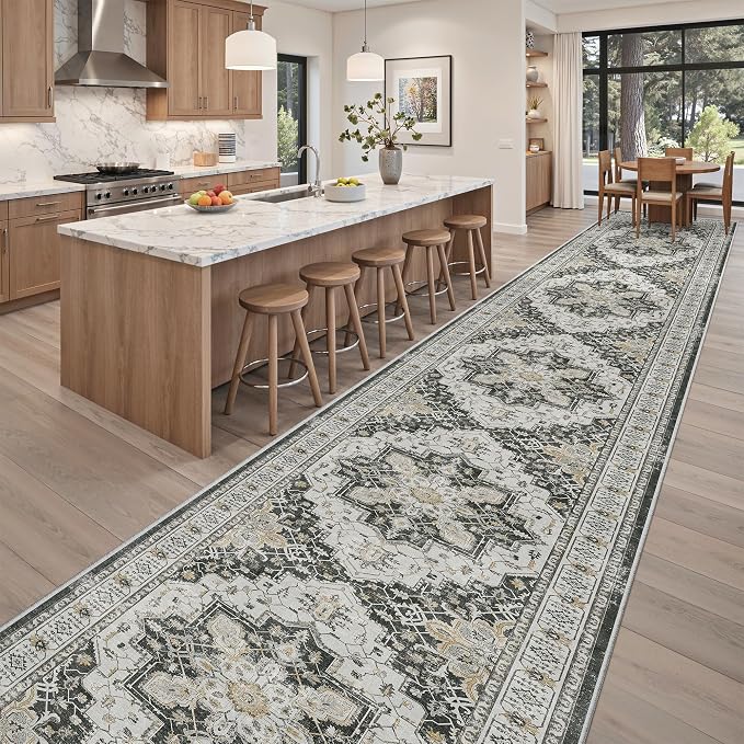 Madane Hallway Runner Rug 3x20 Washable Kitchen Runners 20ft, Black | Vintage Non Slip Extra Long Area Rugs , Low-Pile Farmhouse Wide Floor Carpet for Corridor Entryway Bathroom Bedroom