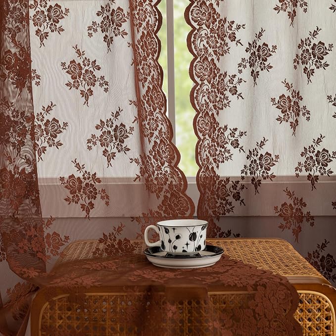 Warm Brown Lace Curtains 84 Inches Long 2 Panels, W42 x L84 Inch, Country Rustic Floral Dark Brown Colored Sheer Curtains for Living Room, Rod Pocket Privacy Light Filtering Vintage Sheer Lace Curtain