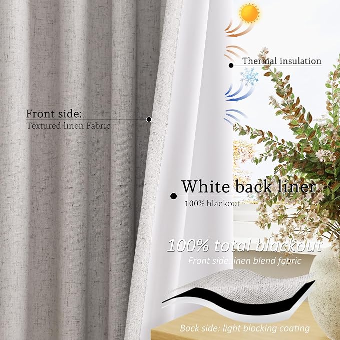 Jowels Silver Linen Blackout Curtains 90 Length 2 Panels Set for Living Room Bedroom, 100% Black Out Thermal Insulated Linen Drapes, Room Darkening Grommet Curtains 90 Inches Long