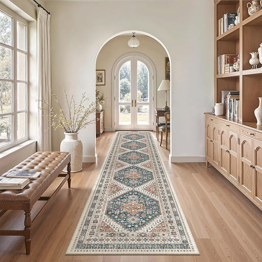 Madane Washable Runner Rugs 2x12 Long for Hallway Kitchen Soft, Navy Blue | Non-Slip Vintage Printed 12ft Rug Runners with Rubber Backing, Thin Low-Pile Floor Carpet Laundry Room Entryway, Corridor
