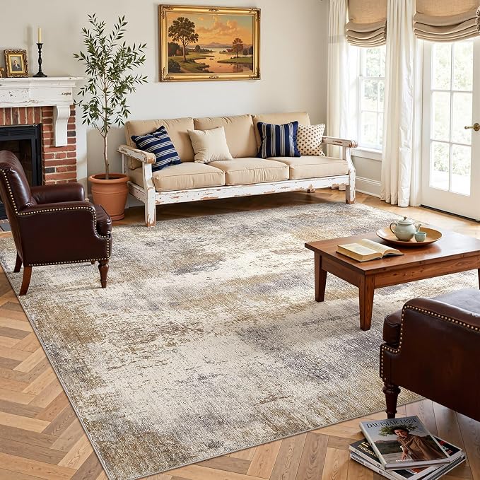 DMOYEST Area Rug Living Room Rugs - 5x8 Washable Large Soft Indoor Neutral Modern Abstract Low Pile Rug Carpet for Bedroom Dining Room Farmhouse Home Office - Brown Grey