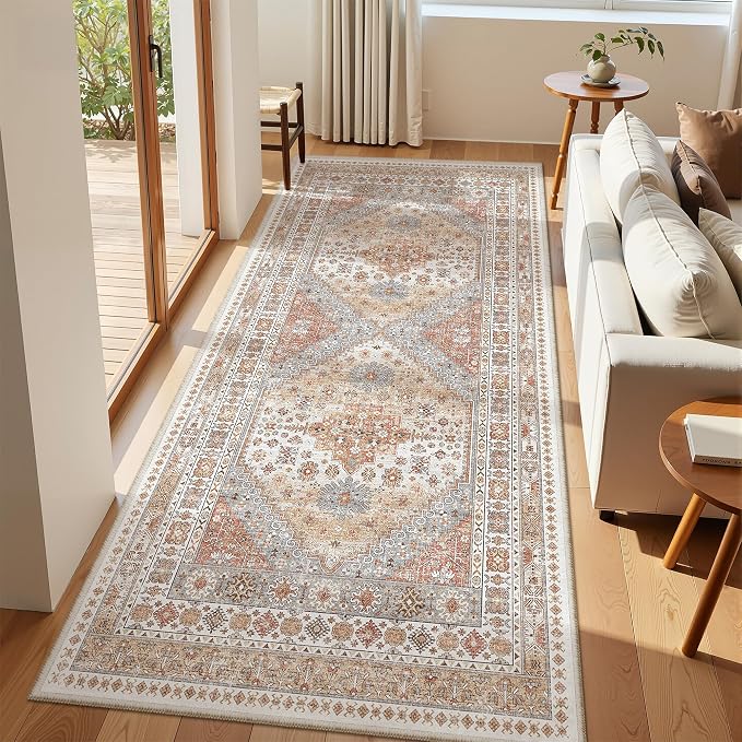 zesthome 3x8 Runner Rug Non Slip Washable for Entryway, Vintage Hallway Runner for Front Porch, Laundry Room, Bedroom, Abstract Stain Resistant Thin Indoor Kitchen Mats for Floor(Orange,3'x8')