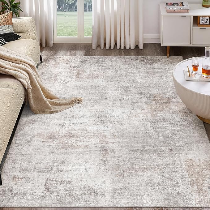 Abstract 10x14 Area Rug: Machine Washable Non Slip Ultra Thin Low-Pile Carpet, Soft Stain Resistant for Living Dining Room Bedroom, Kid Pet Friendly, Robot Vacuum Compatible - Brown Grey