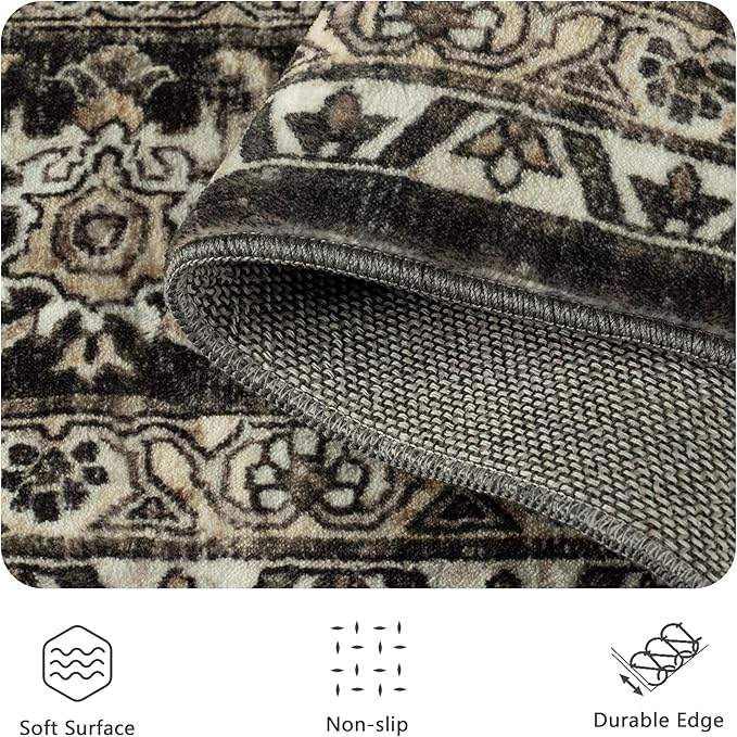 6x9 Area Rugs - Washable Vintage Retro Living Room Rug, Soft Ultra Thin Non Slip Low Pile Traditional Distressed Boho Carpet for Bedroom Dining Room Nursery Home Office, Brown