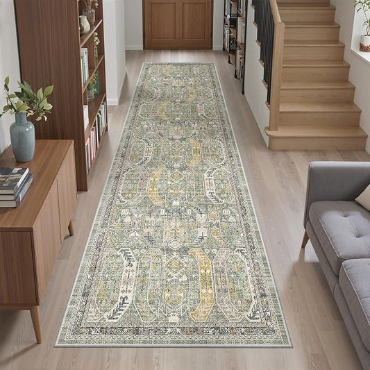 Madane Hallway Runner Rug 2x8 Washable Kitchen Rugs Non-Slip, Green/Gold | Vintage Machine Washable Low-Pile Floor Carpet 8ft, Soft Ultra-Thin Throw Entry Foyer Mat for Entrance Laundry Living Room