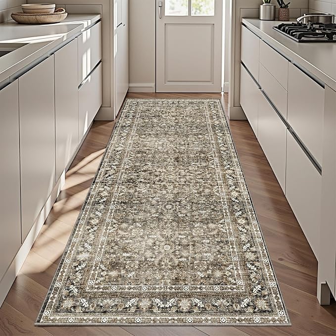OPPODREAM Vintage Brown 3x6 Runner Rug, 3 x 6 Retro Washable Rug Non Slip, Low-Pile Faux Wool Carpet, Distressed Floor Mat for Kitchen, Hallway, Entry-Way, Entrance, Indoor Back Door