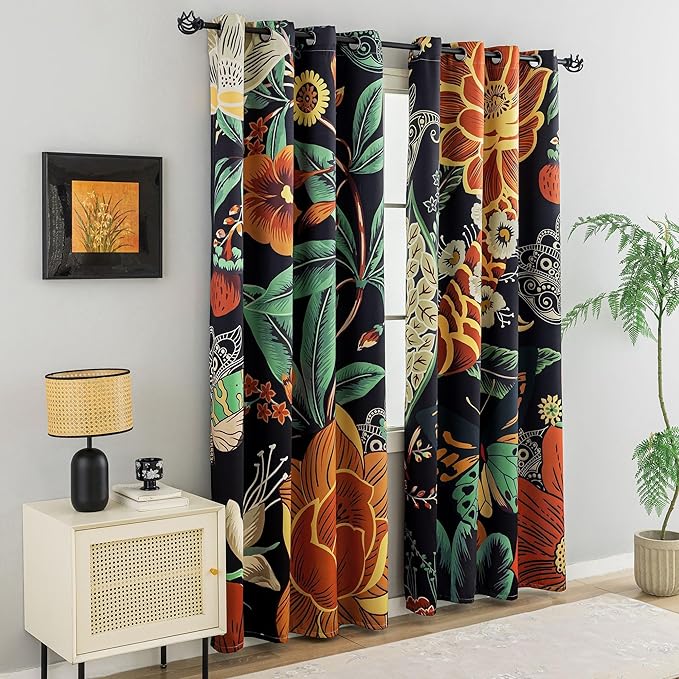 Tyrot Black Boho Floral 100% Blackout Curtains for Bedroom 96 inch Long 2 Panels Butterfly Botanical Black Out Curtains for Living Room Grommet Thermal Insulated Room Darkening Window Drapes,52Wx96L