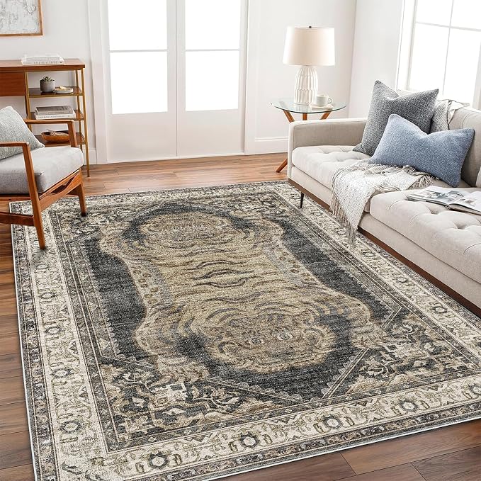 CHAMPLANT Washable Area Rug 3'x5' Vintage Traditional Floor Cover Foldable Thin Rugs Retro Kitchen Indoor Distressed Non Slip Carpet Floral Print Mat Bedroom Living Room