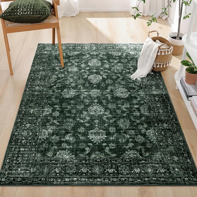 FROZZUR Boho Green Area Rug 3x5 Washable Vintage Rug for Bedroom Kitchen Dining Room, Non Slip Distressed Entryway Rugs for Home Office Decor Green