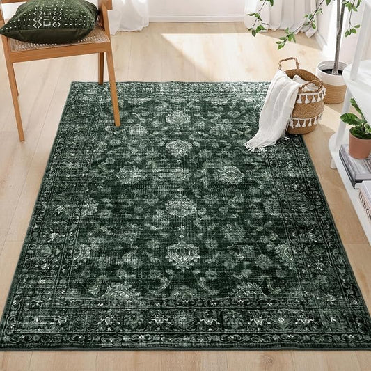 FROZZUR Boho Green Area Rug 3x5 Washable Vintage Rug for Bedroom Kitchen Dining Room, Non Slip Distressed Entryway Rugs for Home Office Decor Green