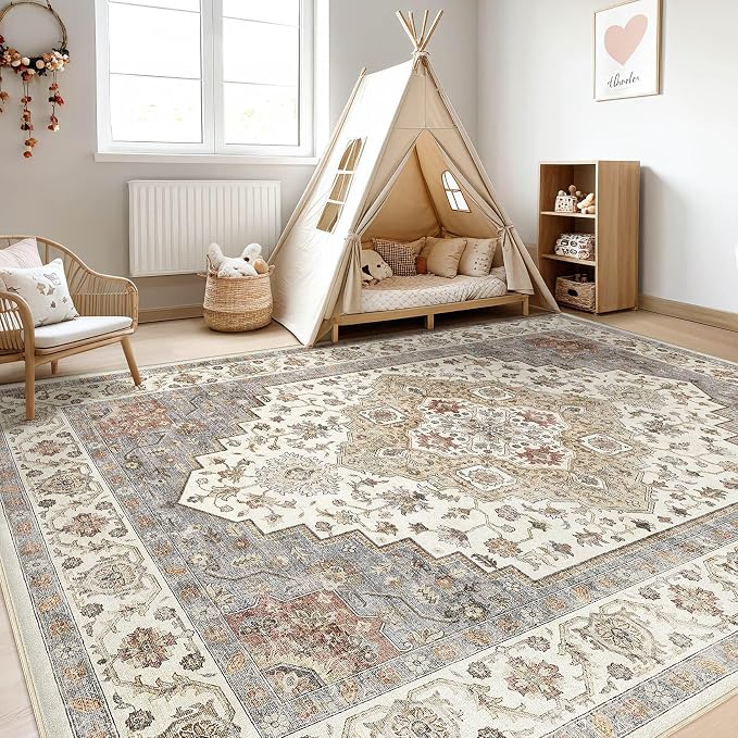 7x9 Area Rug Living Room: Washable Boho Large Neutral Vintage Soft Rugs Stain Resistant Farmhouse Non-Slip Indoor Floor Carpet for Bedroom Nursery Kids Playroom Office Dining Room- Orange Beige