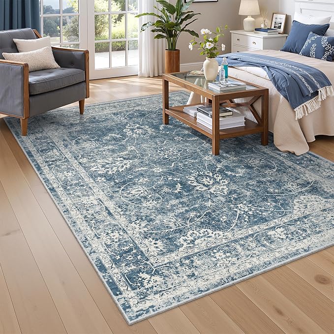Madane 5x7 Area Rugs for Living Room, Washable Vintage Rug with Non-Slip Backing, Soft Floral Print Throw Rugs Floor Low Pile Carpet for Bedroom Dining Room Farmhouse (5 x 7, Blue)