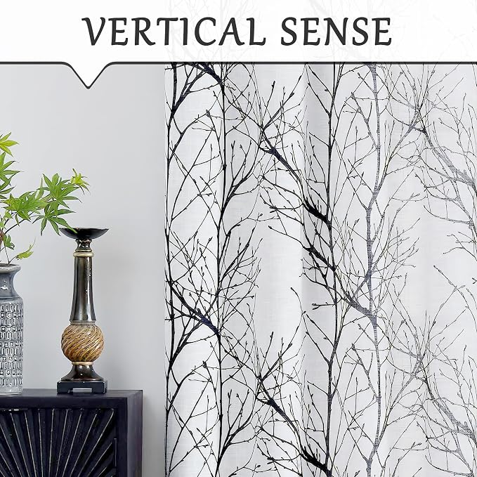 FMFUNCTEX Linen Semi Sheer Curtains for Bedroom, Black White Curtains 54 Inches Long for Living Room, Grey Tree Branch Patterned Curtain Light Filtering Kitchen Window Drapes, Grommet Top 2 Panels